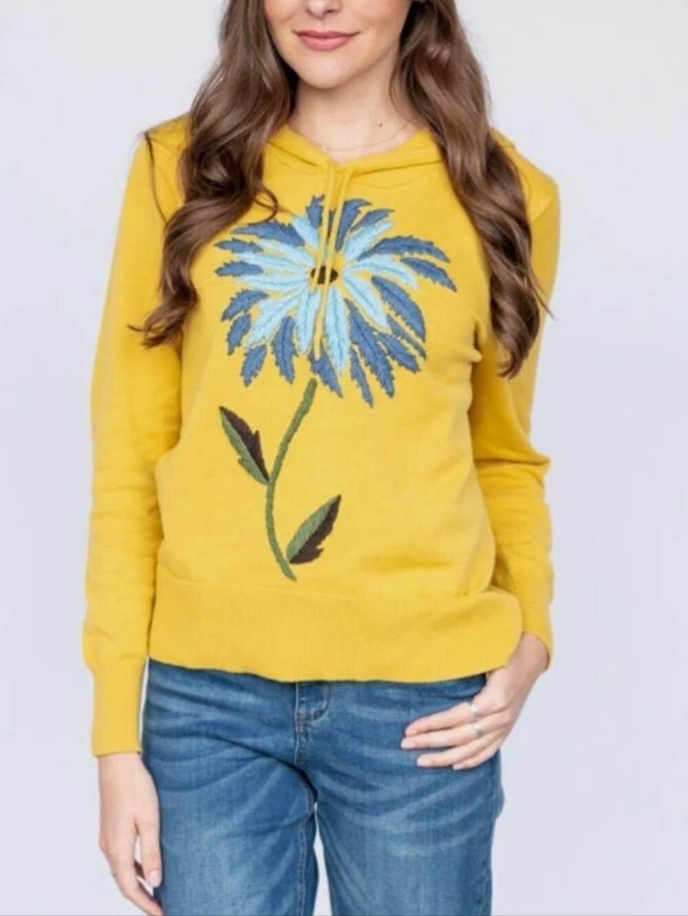 NWT evy's tree Mustard Yellow Hoodie Sweater with Blue Floral Motif